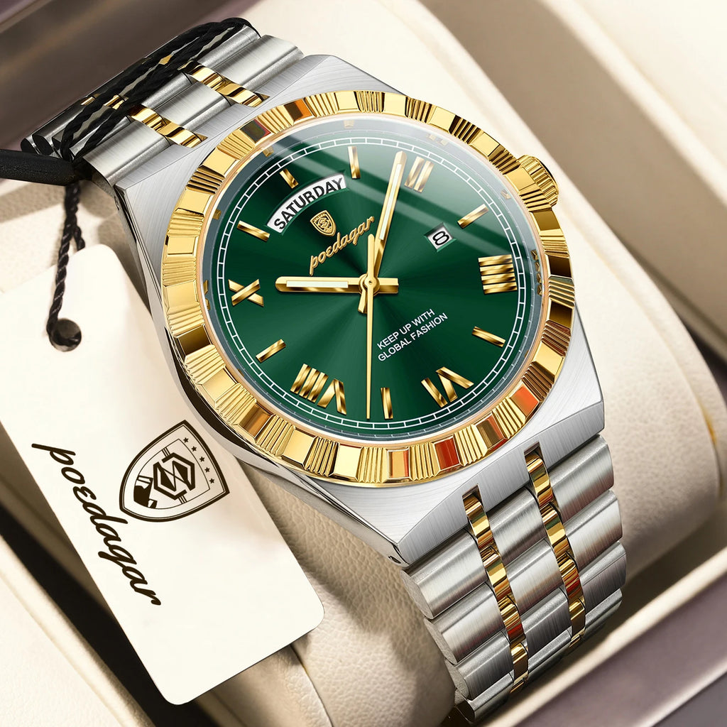 POEDAGAR Fashion Business Men's Watch Luminous Waterproof Week Date Luxury Man Wristwatch Stainless Steel Quartz Watches For Men