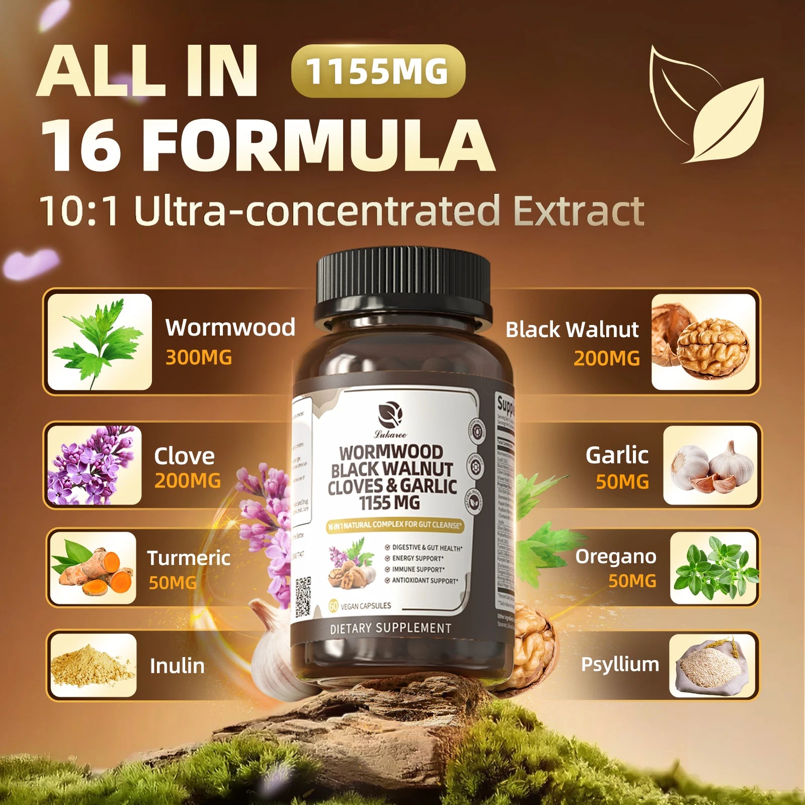 Lukaree 16-in-1 Black Walnut Wormwood Capsules,Rapid Gut Cleanse&Digestive Health with Clove Garlic Turmeric,Liposomal Delivery