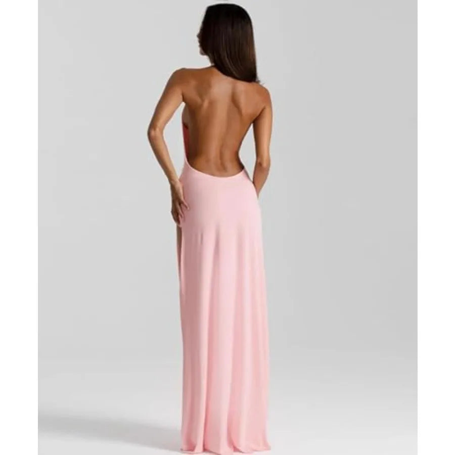 Women Deep V Neck Halter Maxi Dress Backless Ruched High Split Cocktail Party Formal Prom Gown Wedding Guest Dress