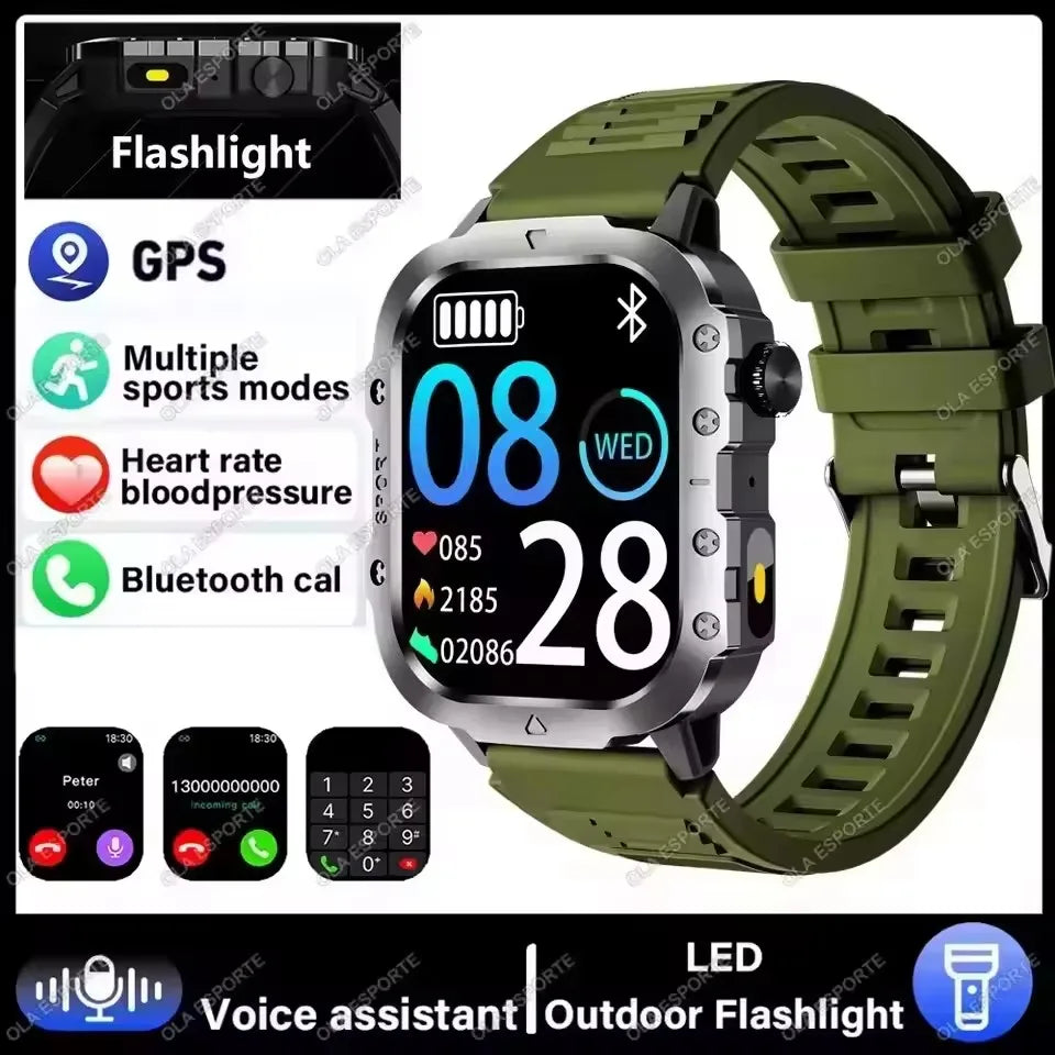 2026 New Military Outdoor Smart Watch Men's GPS Flashlight Bluetooth Call 2.01" AMOLED Screen 3ATM Waterproof Sports Smartwatch