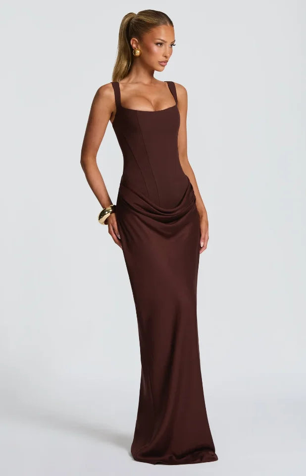 Brown Pleated Sling Maxi Dress Women Chic Square Neck Sleeveless Off-shoulder Waist Cinching Robes 2026 Lady Evening Party Gowns