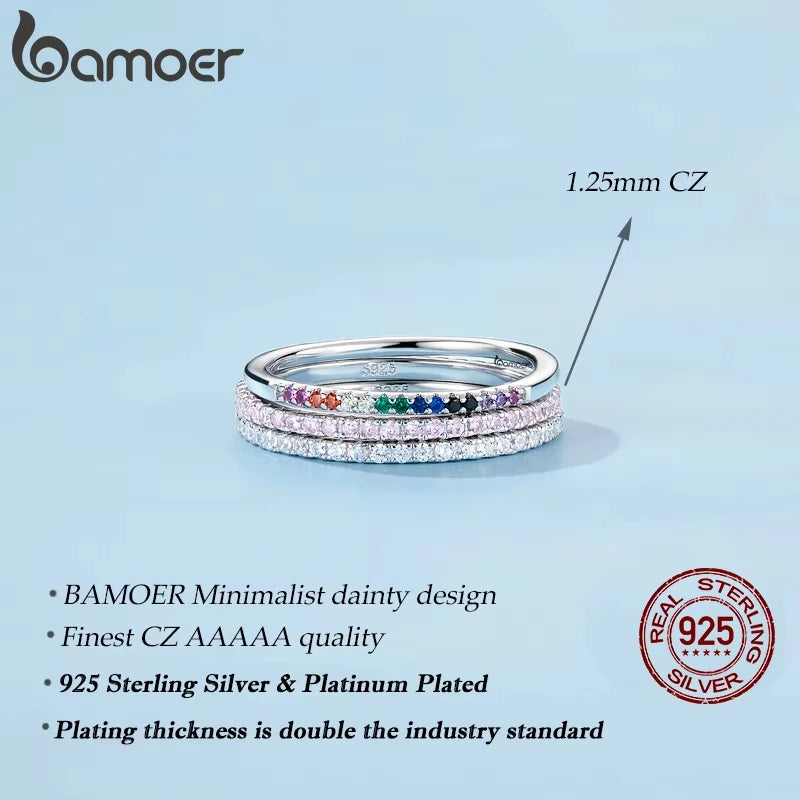 BAMOER 925 Sterling Silver Full Paved Simulated Diamond Stackable Rings, Women Gold Plated Engagement Eternity Bands Colored CZ