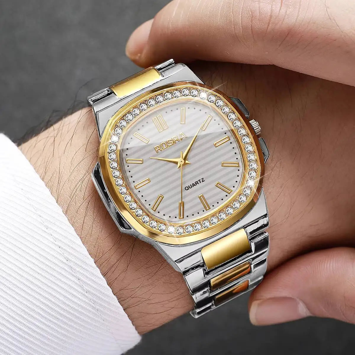 Fashion Square Men Business Watches Luxury Rhinestone Steel Band Male's Quartz Wristwatch Reloj Hombre（Without Box）
