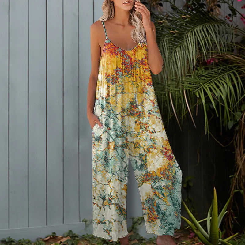 Women Sleeveless Printing Beach Boho Casual Jumpsuit Summer Vacation High Street Romper Casual Overalls Wide Leg Trousers