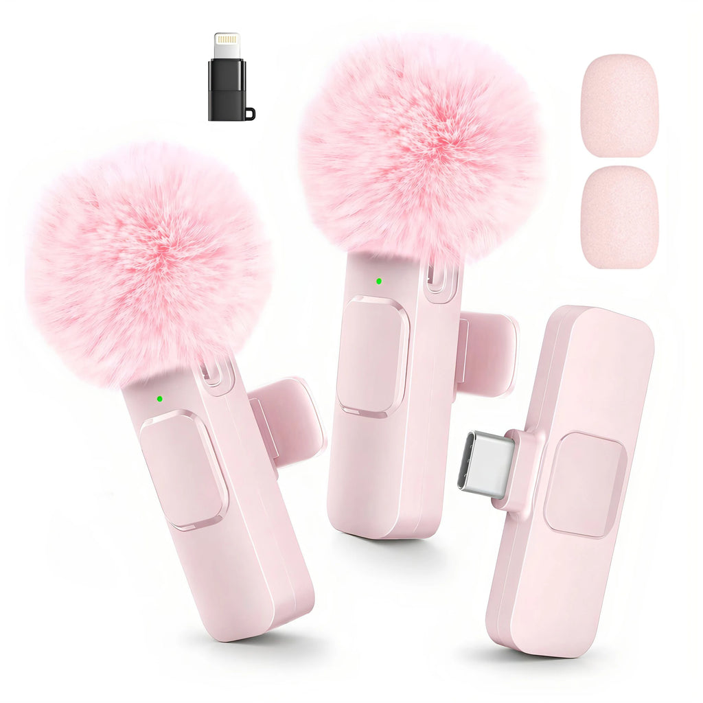 Wireless Mini Lavalier Clip Mic with Furry Windscreen, Dual‑Port Type‑C & Lightning Adapter for iPhone, Android, Tablets, Laptop