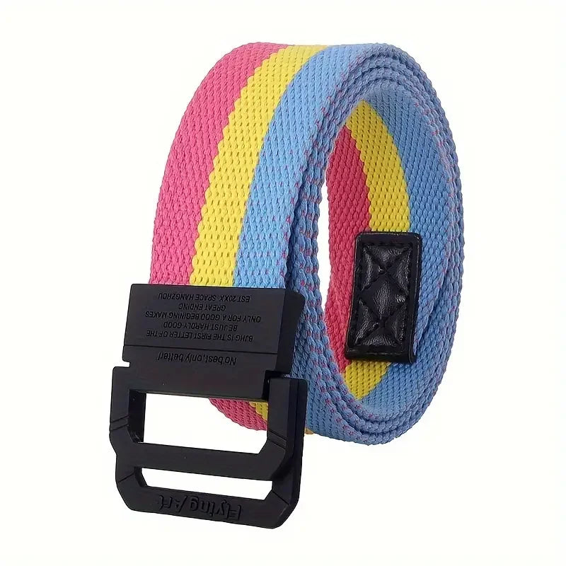 Seven Color Double Ring Buckle Rainbow Canvas Belt For Women Men, Casual Pants Belt