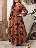 Plus Size Women Floral Print Ribbed Knit Maxi Dress Fall Winter Round Neck Puff Sleeve A Line Casual Long Dress