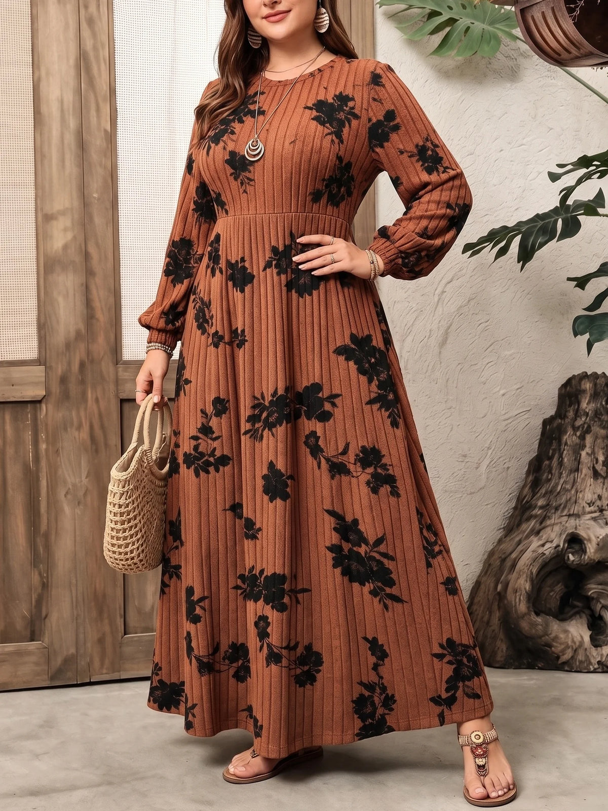 Plus Size Women Floral Print Ribbed Knit Maxi Dress Fall Winter Round Neck Puff Sleeve A Line Casual Long Dress