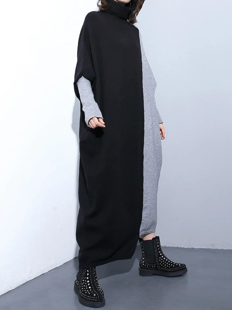 [EAM] Women Coffee Color-block Big Size Long Sweater Dress New Turtleneck Long Sleeve Fashion Tide Spring Autumn 2026 1DJ2393