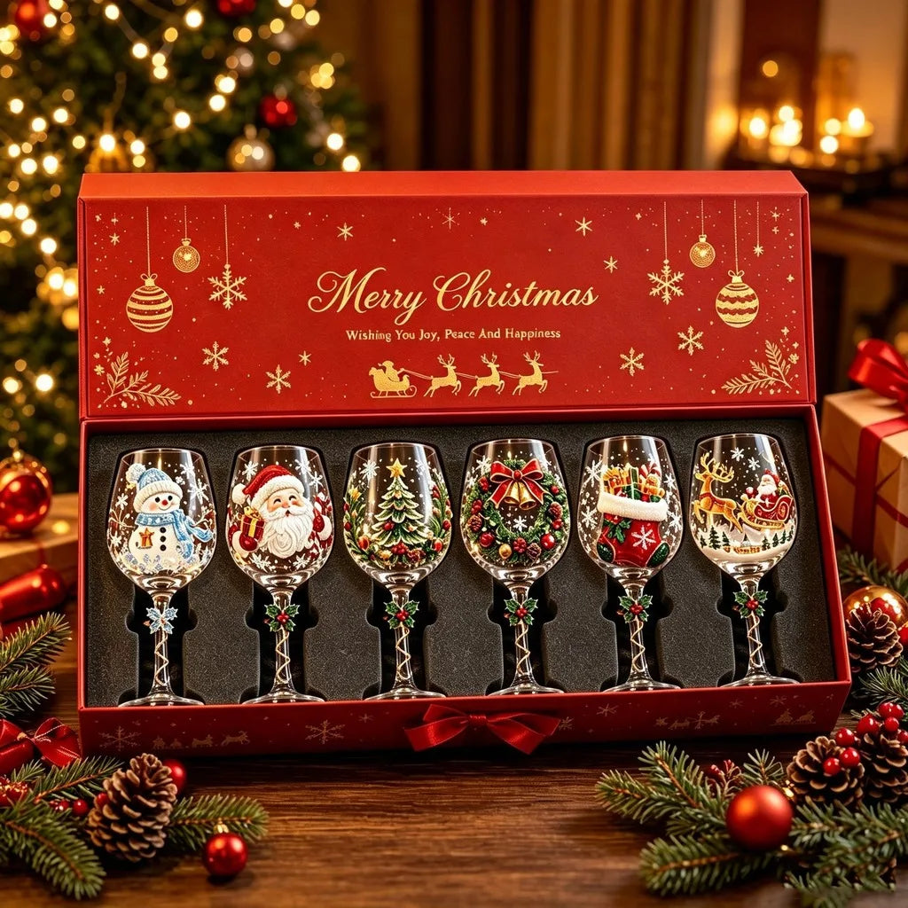 1/6pc Christmas Glass Art Cup Santa Snowman Reindeer Tree Drinking Glasses Christmas Wine Glasses Gift for Christmas Friends
