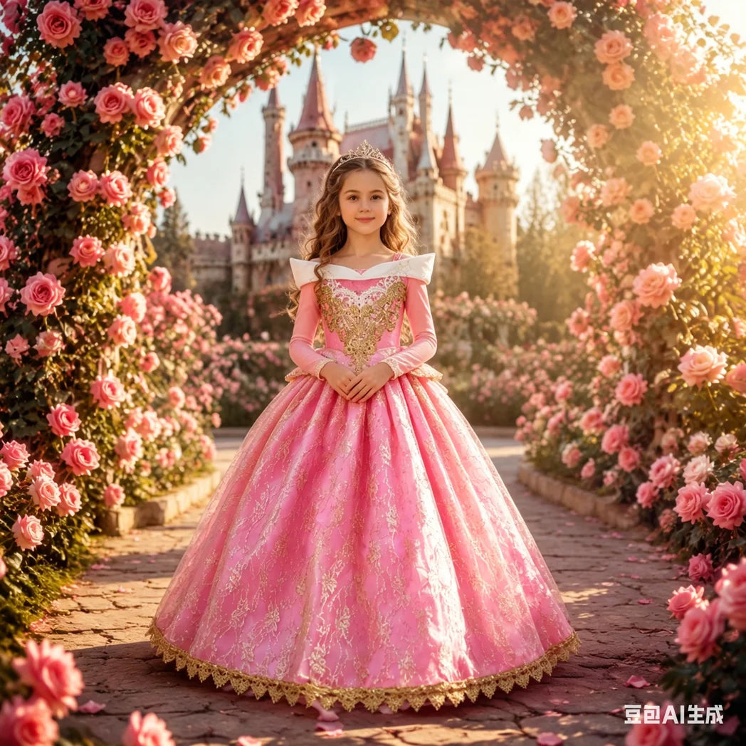 Sleeping Beauty Aurora Pink Gown Long Sleeve Princess Costume for Girls Carnival Birthday Party Cosplay Evening Dress 2-8Y