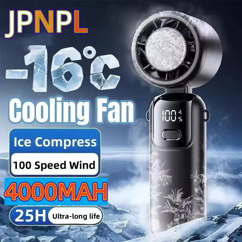 JPNPL 4000mAh Hanging Ice Pack Handheld High-speed Fan Folding 100 Speed Infinitely Adjustable Fan Portable For Outdoor Neck