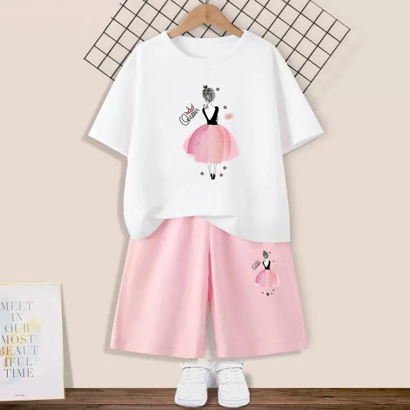 2024 Summer Girls Cotton Clothing Sets Kids Cute Cartoon Butterfly High Heel T-shirt +Shorts 2Pce Suits Childrens Tracksuits