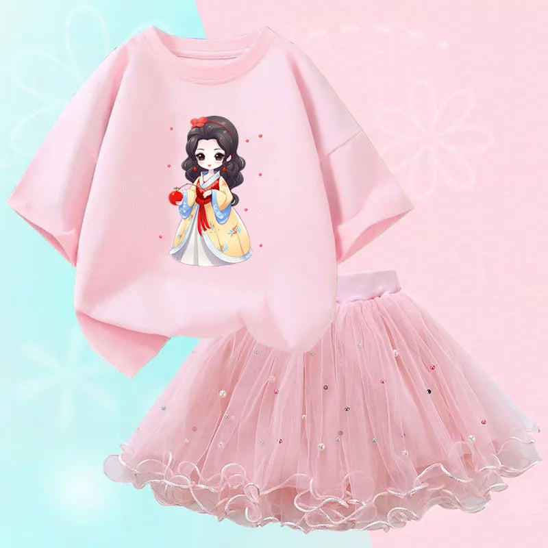 Summer Little Girls Clothing Cute Cat T Shirt& mesh Tutu Skirt Two Piece Set Fashion Korean Children Clothes Outfits 3-14years