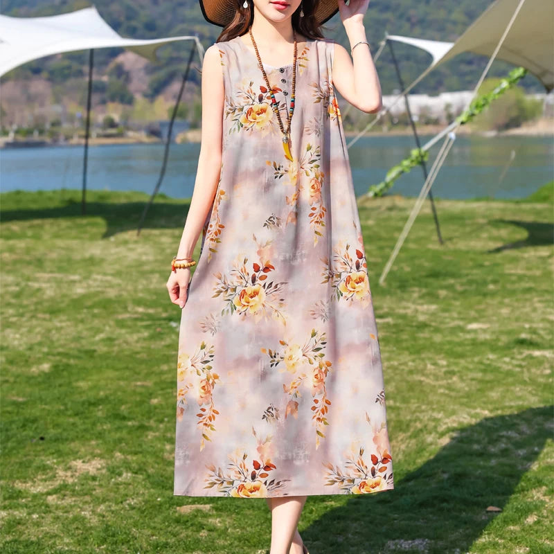 New Fashion Casual 2025 Summer Dress For Women Long Style Loose O-Neck Women Clothes Print Women Clothing Dresses
