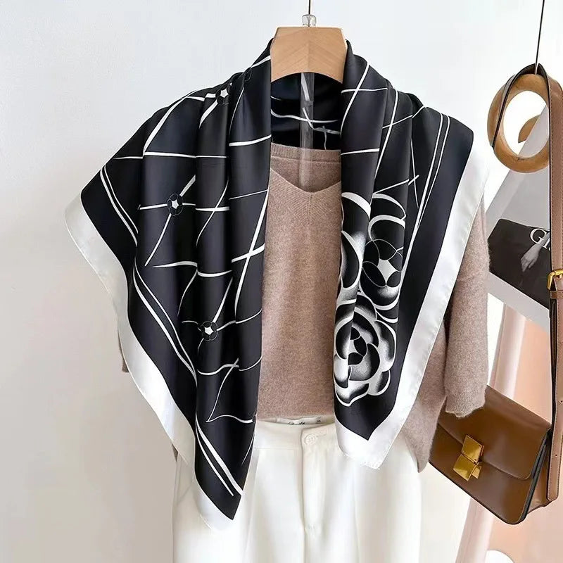 Elegant Geometric Striped Square Scarf for Women Satin Fashion Wraps Neckerchief Female Hair Bands Ribbon Headband Bandana
