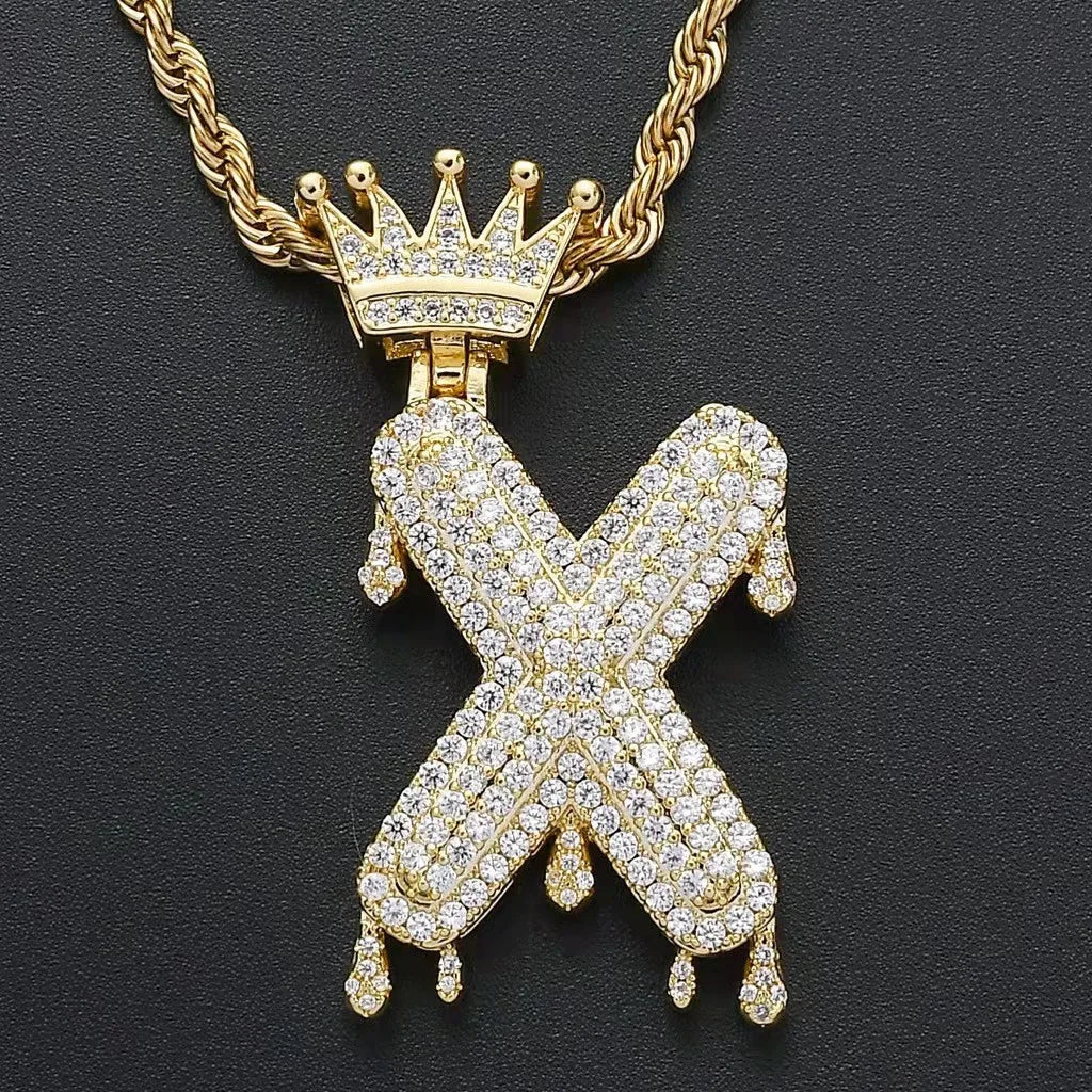 Hip Hop Iced Out Bling Cubic A-Z Drip Crown Zircon Initial Letters Necklaces Pendant Necklace Chain Men Jewelry with Rope Chain
