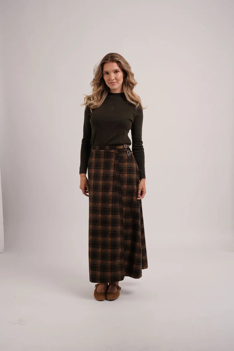 AS AW26 fashion Embroidered knit mockneck top + Plaid buckle skirt match woman clothes