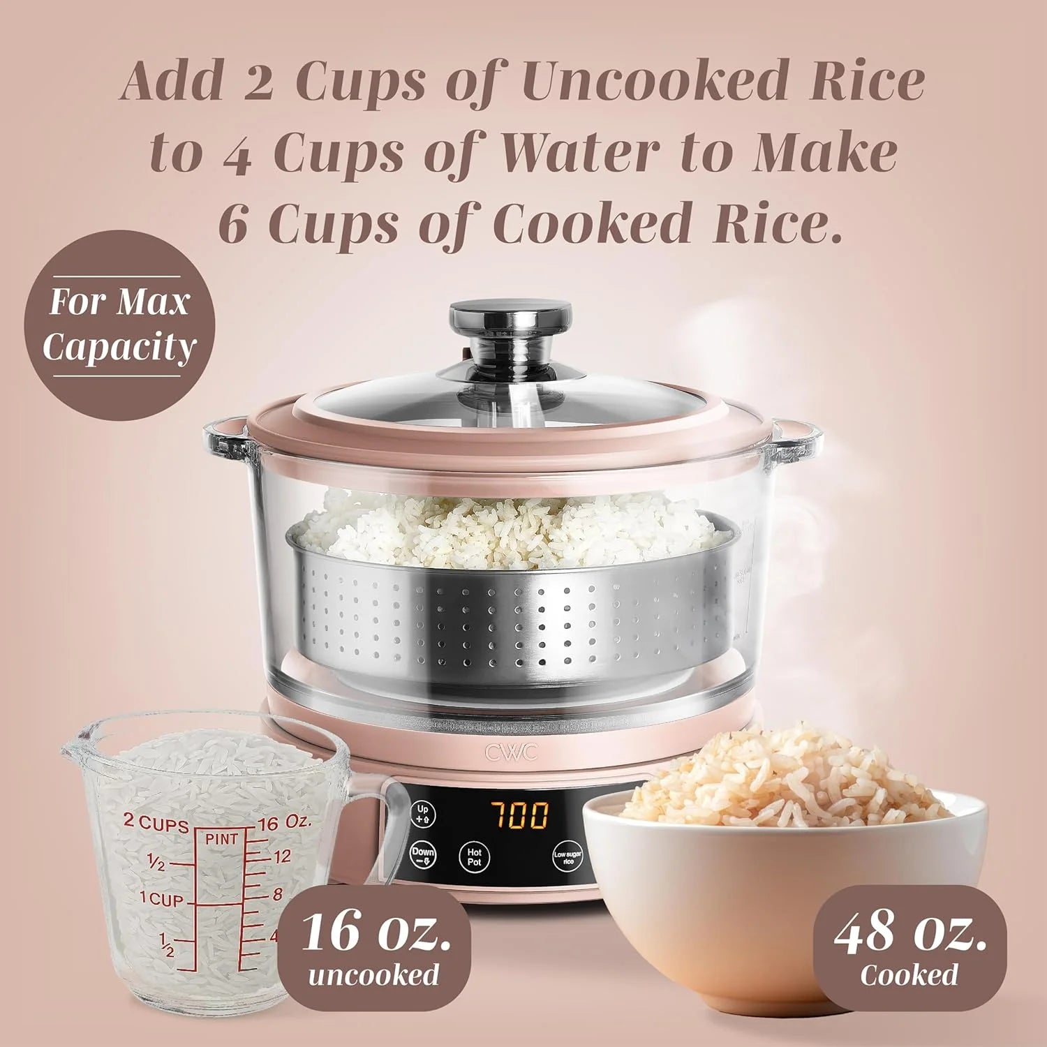COOK WITH COLOR 3L Glass Low Carb Rice Cooker-Makes 6 Cups Cooked Low Sugar Rice with Auto Lift Filter Basket Hotpot Steamer