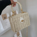 Rattan Straw Shoulder Bag Women Boho Hand-Woven Basket Messenger Pouch Summer Beach Square Box Top-handle Handbag