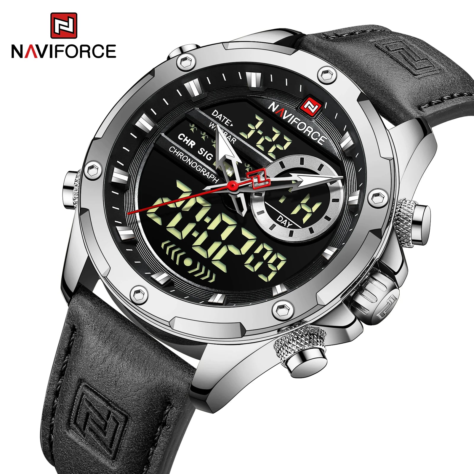 NAVIFORCE Luxury Original Watches For Men Casual Sport Chronograph Alarm Quartz WristWatch Leather Waterproof Digital Clock 9163