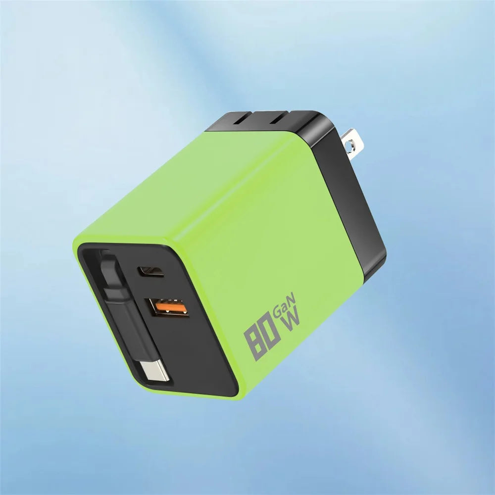 80W GaN USB Type C Charger Fast Charging With Built-in PD Cable USB C Quick Charger EU/US/UK Plug For iPhone 17 16 Xiaomi Huawei