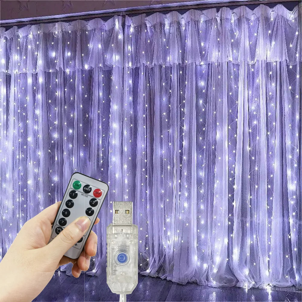 8 Modes LED Curtain Fairy Light USB Plug Wedding Garland Valentine's Day Ramadan EID Mubarak Decoration for Home Curtain Lights