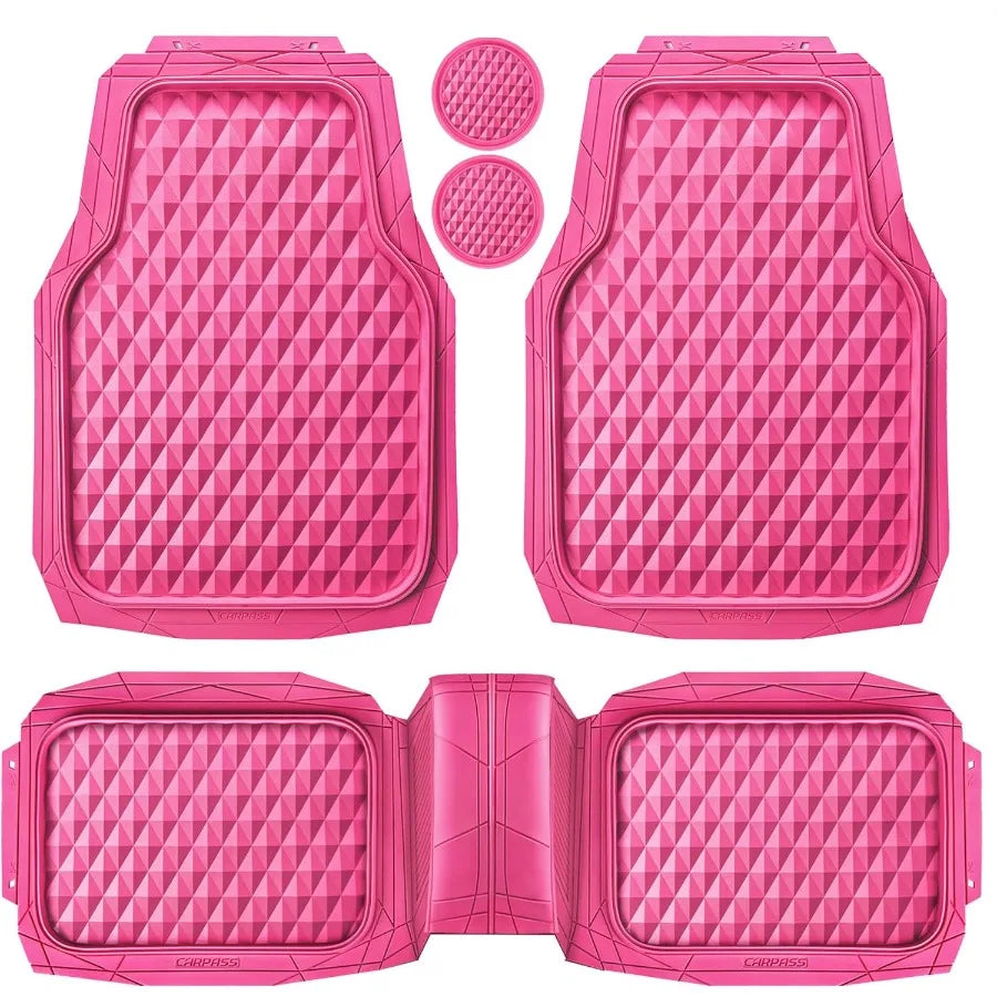 Heavy Duty Rubber Pink Car Floor Mats Deep Dish AllWeather Full Set Durable AntiSlip 3D Rhombus Waterproof Trim to Fit Liner Un