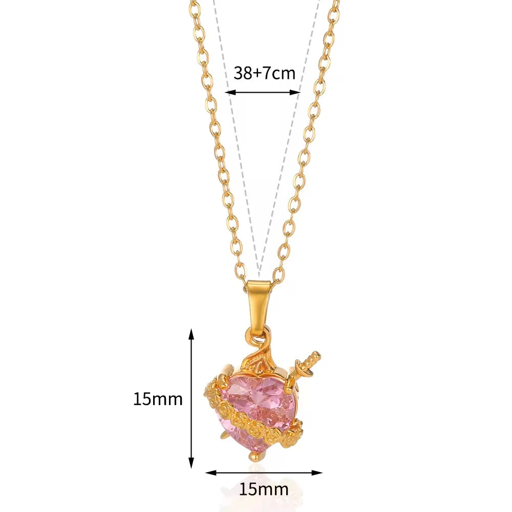Pink Heart Zircon Necklace Gold Color Stainless Steel Cupid Eros Arrow Heart Pendant Necklace Korean Fashion Jewelry Party