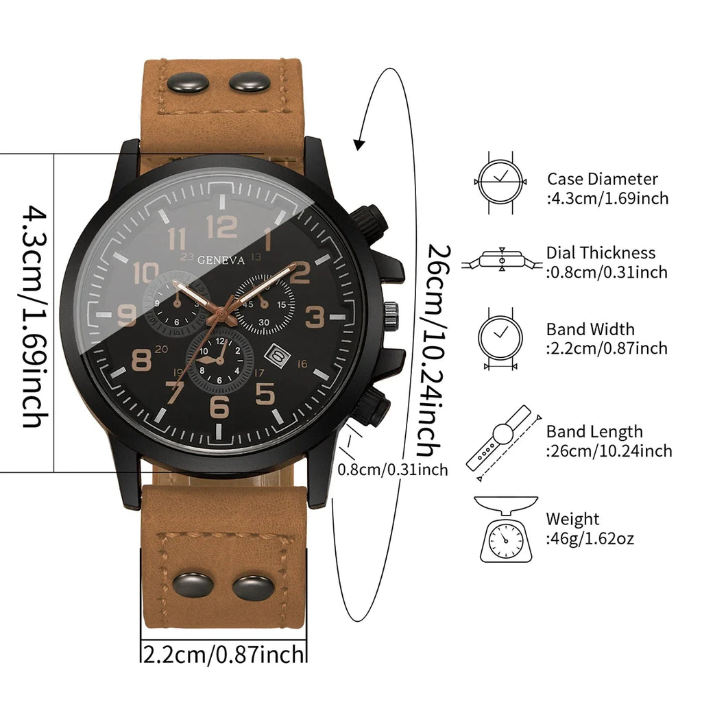 4PCS Retro Men Watch Jewelry Set Leather Strap Calendar Quartz Wristwatch Ring Necklace Bracelet Relogio Masculino（Without Box）