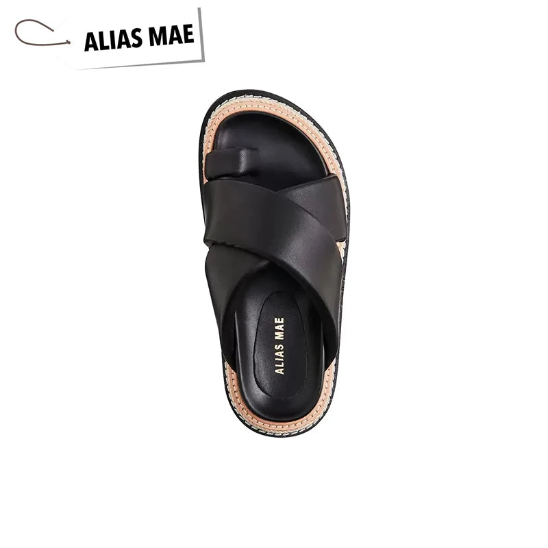 ALIAS MAE 2024 Summer Classic Leather Cross with Round Head Flat Bottom Women's Casual Comfortable Slippers