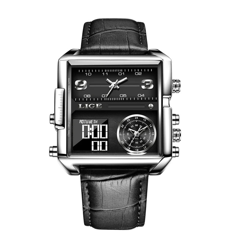 LIGE New Top Brand Luxury Fashion Men Watches Gold Steel Sports Square Digital Analog Big Quartz Watch for Man relogio masculino