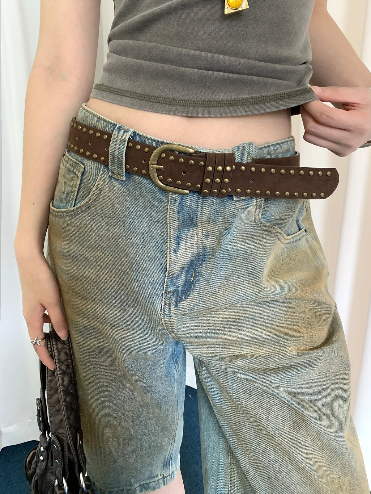 Vintage American Suede Studded Belt Women's Niche Design Y2k Coffee Color Belt