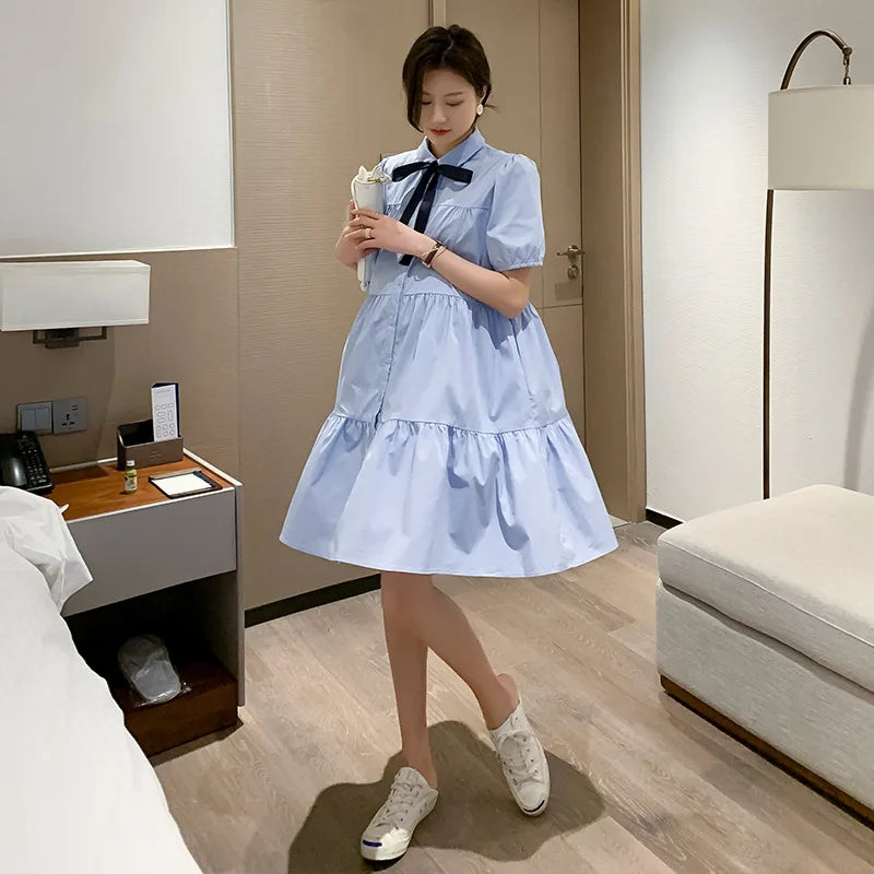 2026 Summer Maternity Shirts Dress Short Sleeve Turn-down Collar Elegant Pregnant Woman Mini Dress with Tie Ribbon Loose Blouses