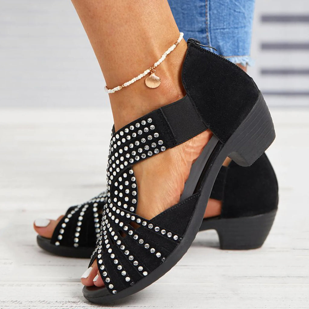Rhinestones Diamond Sandals Women Summer Suede Open Toe Back Zipper Thick High Heel Sandals Shoes Hollow Out Rome Shoes Zapatos