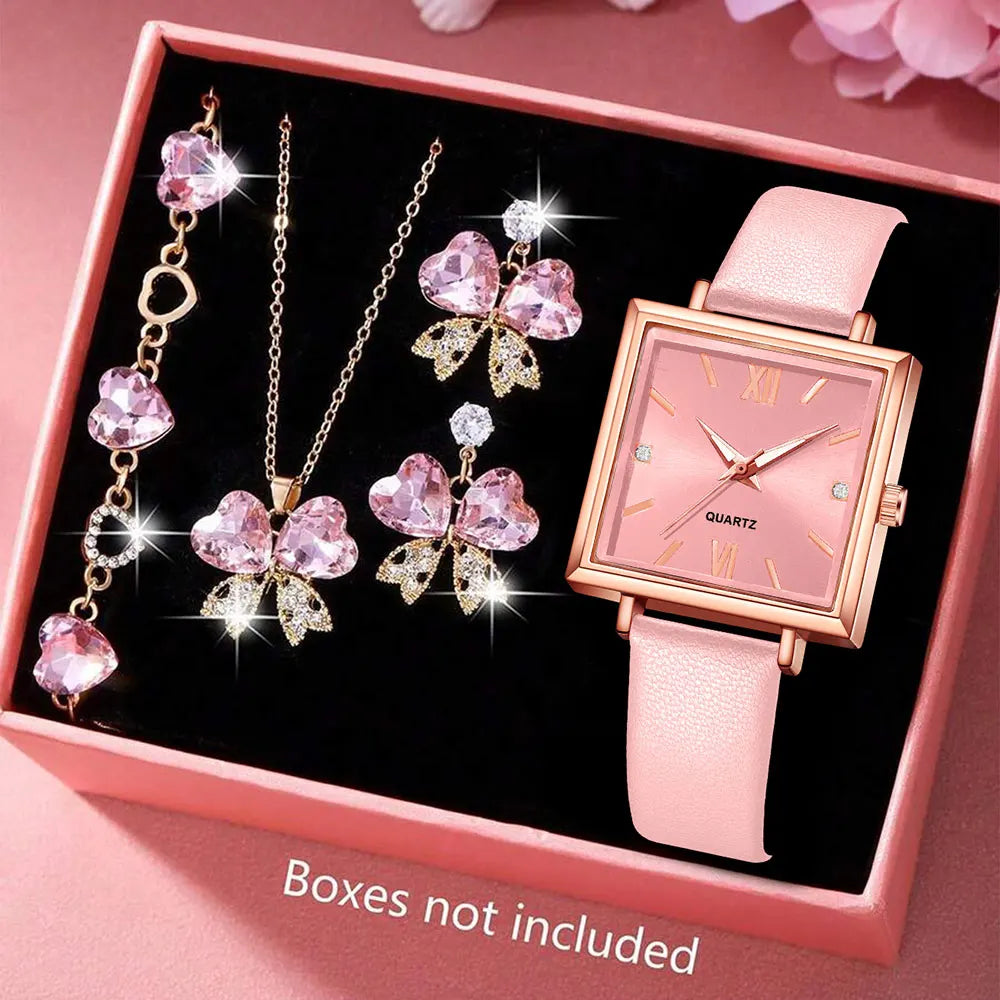 5/6 PCS/Set Red Women's Watch With Minimalist Elements Dial Quartz Watch Latex Strap Cherry Elements Jewelry Set Girl's Gift