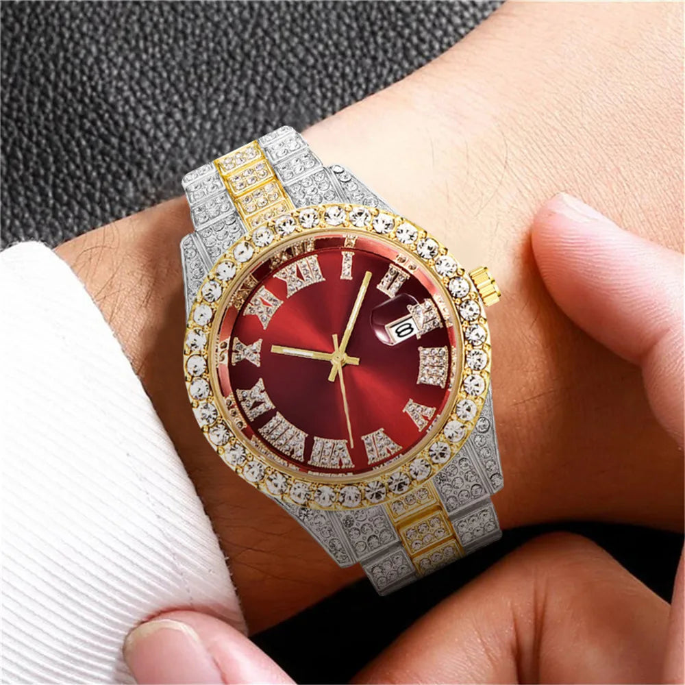 2PCs Fashion Luxury Full Diamond Steel Band Calendar Roman Scale Men's Steel Band Quartz Watch with Diamond Chain Bracelet Gift