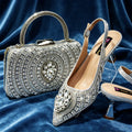 2026 Italian Inspired Gold Rhinestone HAND CRAFTED UPPER Pointed Toe Women High Heels Shoes and Bag Set Elegant Party Shoes