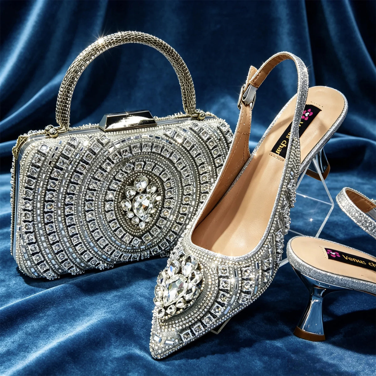 2026 Italian Inspired Gold Rhinestone HAND CRAFTED UPPER Pointed Toe Women High Heels Shoes and Bag Set Elegant Party Shoes