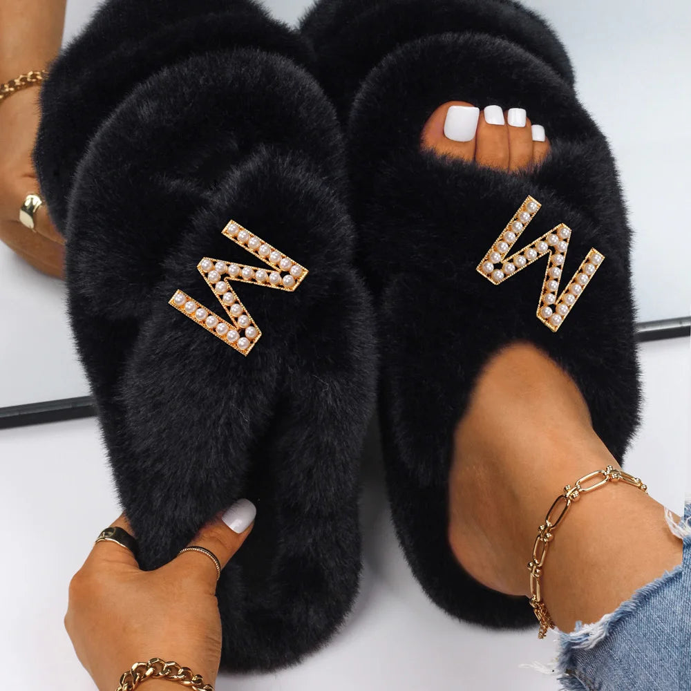 Women Furry Fur Slippers Soft Faux Fur Slides Ladies Plush House Slippers Cross Strap Open Toe Flat Sandals Fluffy Warm Shoes