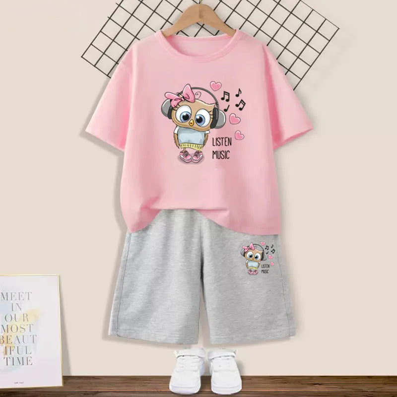 Girls Happy Cat Printed 2PC Outfit Set Summer Fashion Short Sleeve T-Shirt And Shorts Combo Cute Kids Clothing