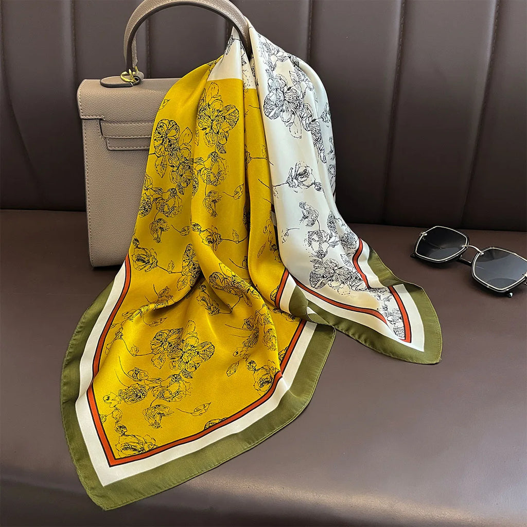2025 New Yellow Lemon Print Square Silk Scarf for Women 70*70cm Neck Ties Fashion Decorate Neckerchief Female Hijab Bag Ribbions
