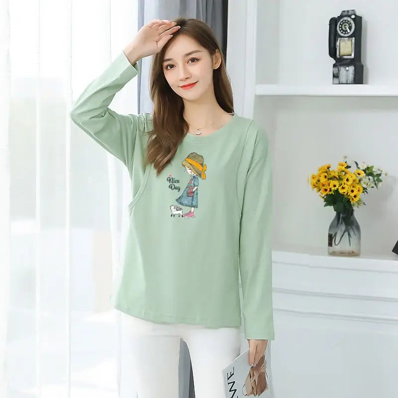 2025 Autumn Long Sleeve O-neck Postpartum Women Nursing T-shirt Maternity Breastfeeding Top Pregnancy Lactation Tees 7 Colors
