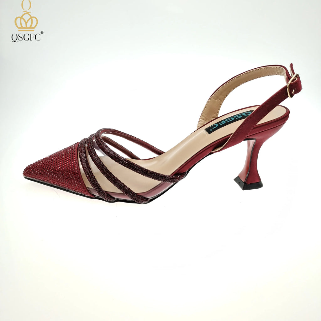 QSGFC Italian Design Nigeria New Trendy Full Diamond Embellished High Heels Peach Color Women's Bag and Shoes For Party Wedding
