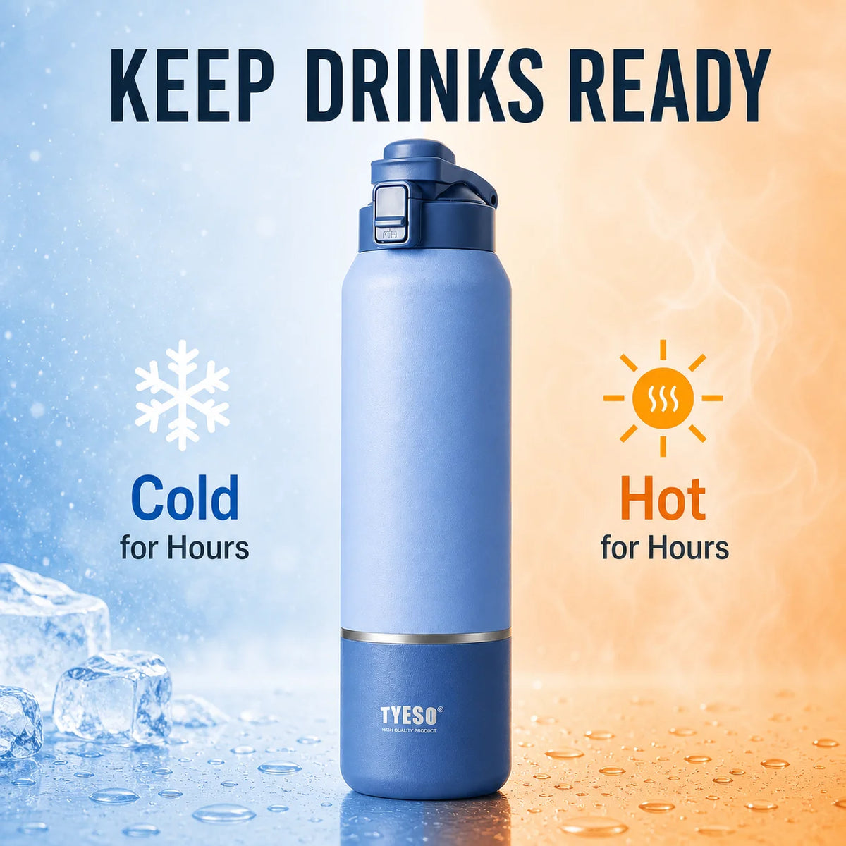 Tyeso Large‑Capacity Travel Mug with HandleVacuum Insulated Water Bottle Leakproof Lid Drinkware for Hiking Outdoor