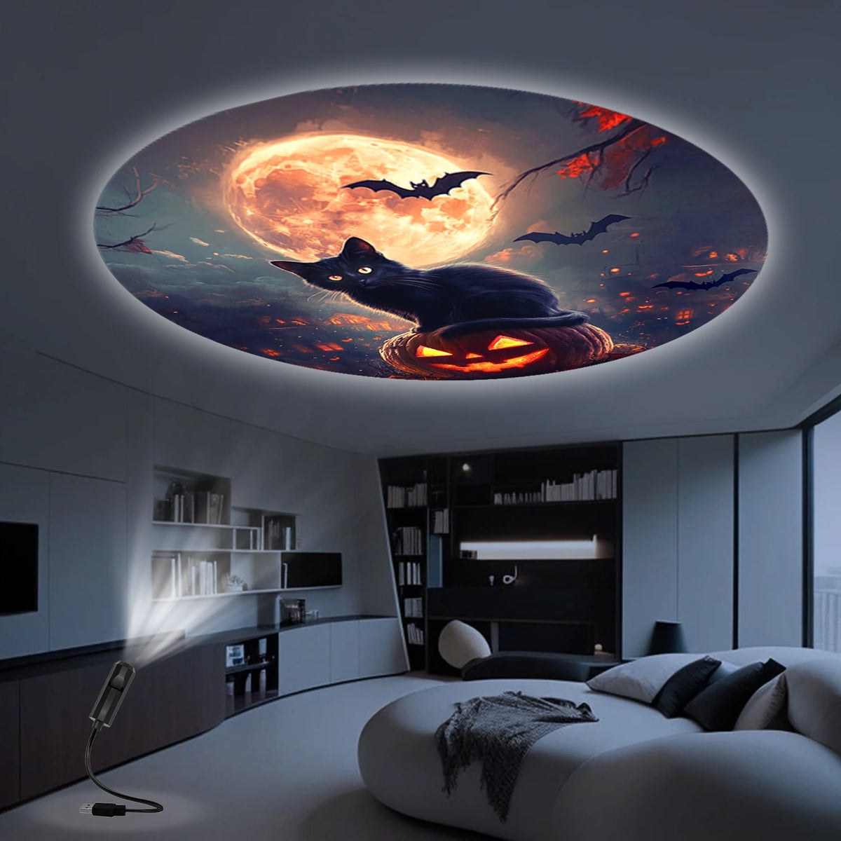 Moon Black Cat Light Projector Lamp, USB Powered, 360° Rotatable, Perfect for Creating a Halloween Atmosphere