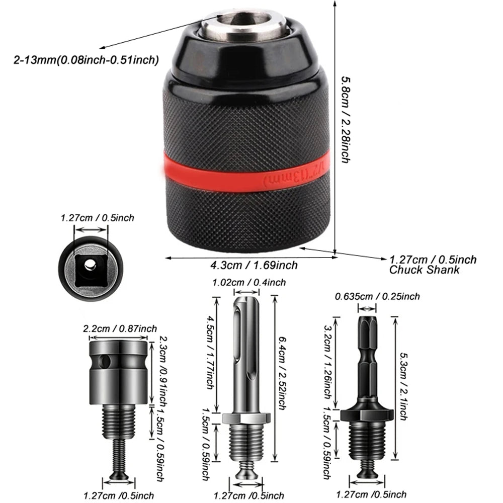 JENTORIX 2mm-13mm Metal Keyless Drill Chuck, 3Jaw Self-lock Ratchet Chuck 1/2-20UNF Thread, Chuck for Drill Bit Screwdriver&Taps