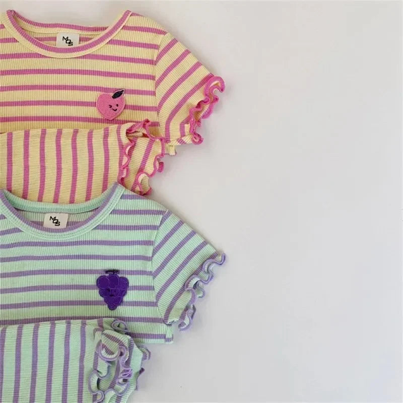 Summer New Baby Striped Short Sleeve Clothing Set Girl Ear Edge Tops + Short 2 Pieces Suit Kids Grape Pattern Clothes Items