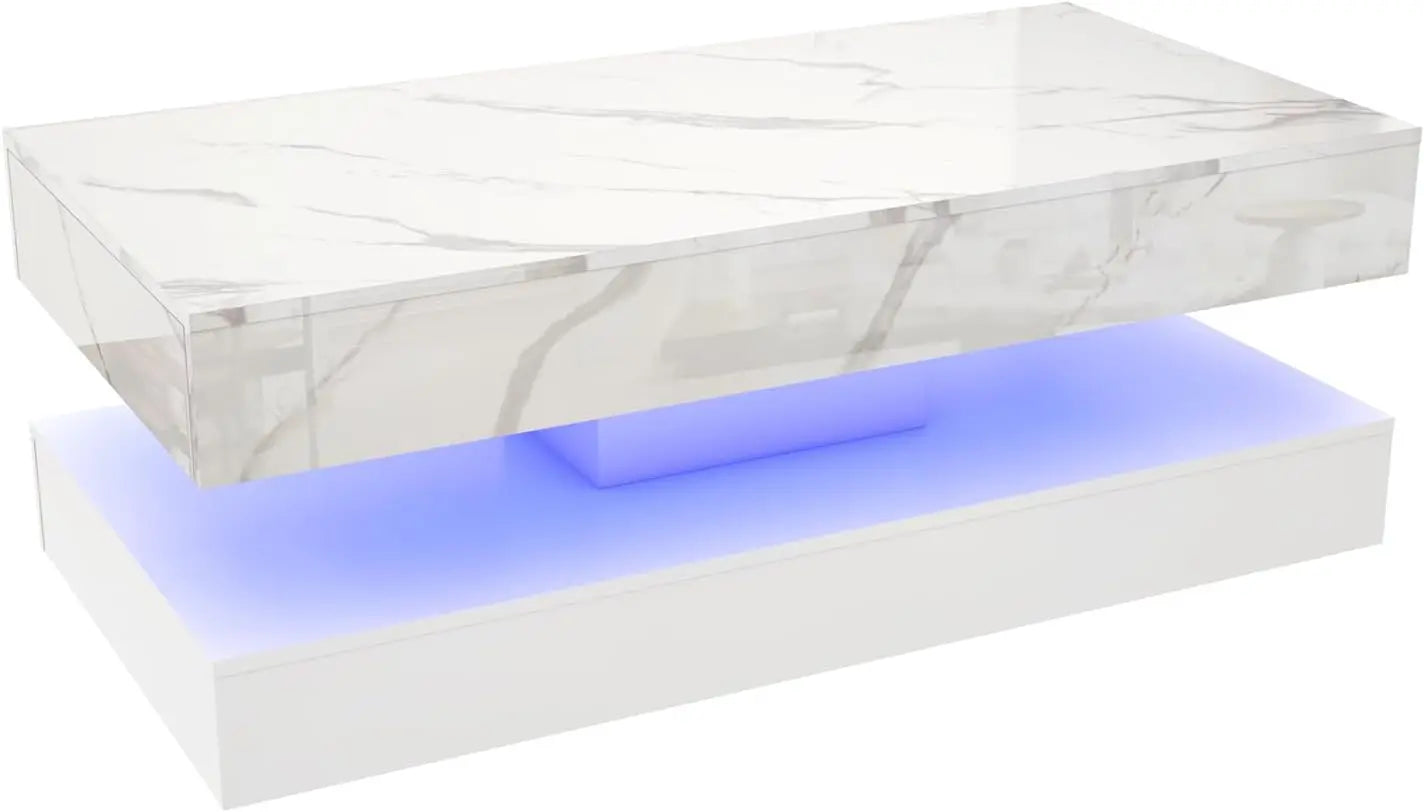 Modern Stylish Coffee Table with LED Lights, Double-Layer Design for Living Room Coffee Table with 2 Storage Drawers
