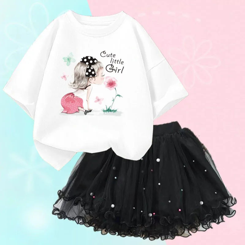 Fashion Summer Girls Outfits Pretty Ballet Dance Girl T-shirt and Tutu Skirt Set for Princess Clothes Suit Children Clothing
